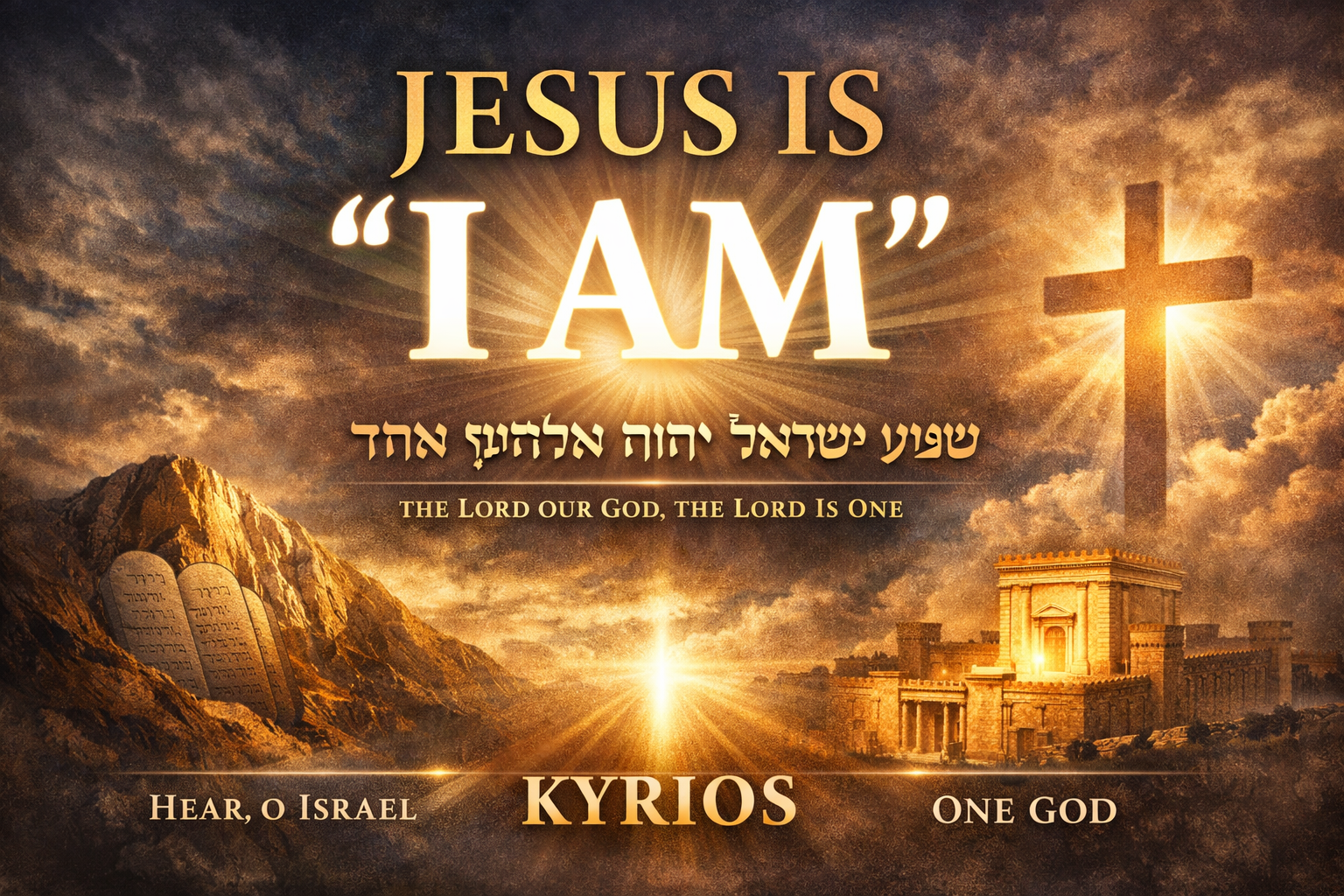 Visual depiction of Jesus as “I AM,” linking the Shema, Mount Sinai, Jerusalem, and the confession of Jesus as Lord.
