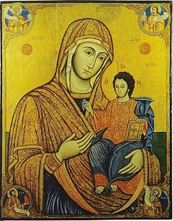 Theotokos icon showing Mary holding the Christ child, emphasizing that the Son of God truly became flesh and was born of Mary.