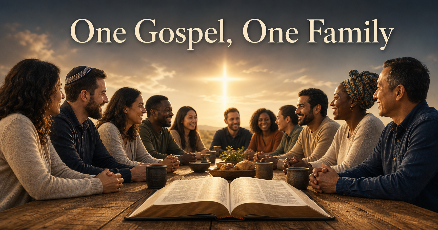 Jewish and Gentile believers gathered around one table and an open Bible beneath a cross-shaped sunrise