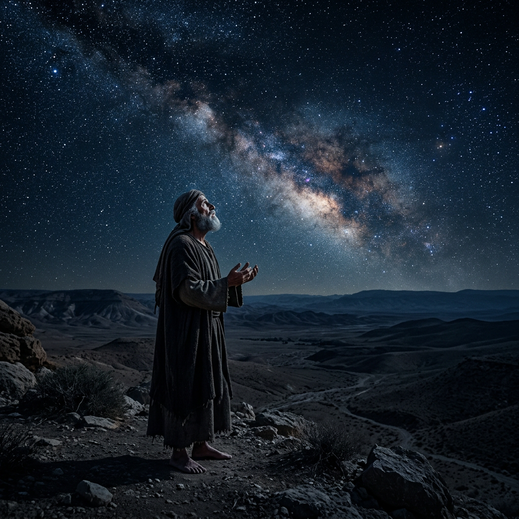 Abraham beneath a star-filled sky representing God's covenant promise and blessing to the nations.