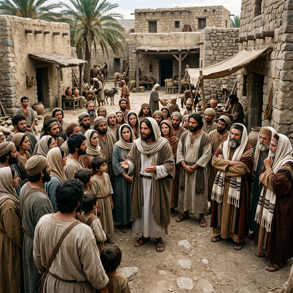 A robed teacher speaks to a crowd in an ancient desert village.