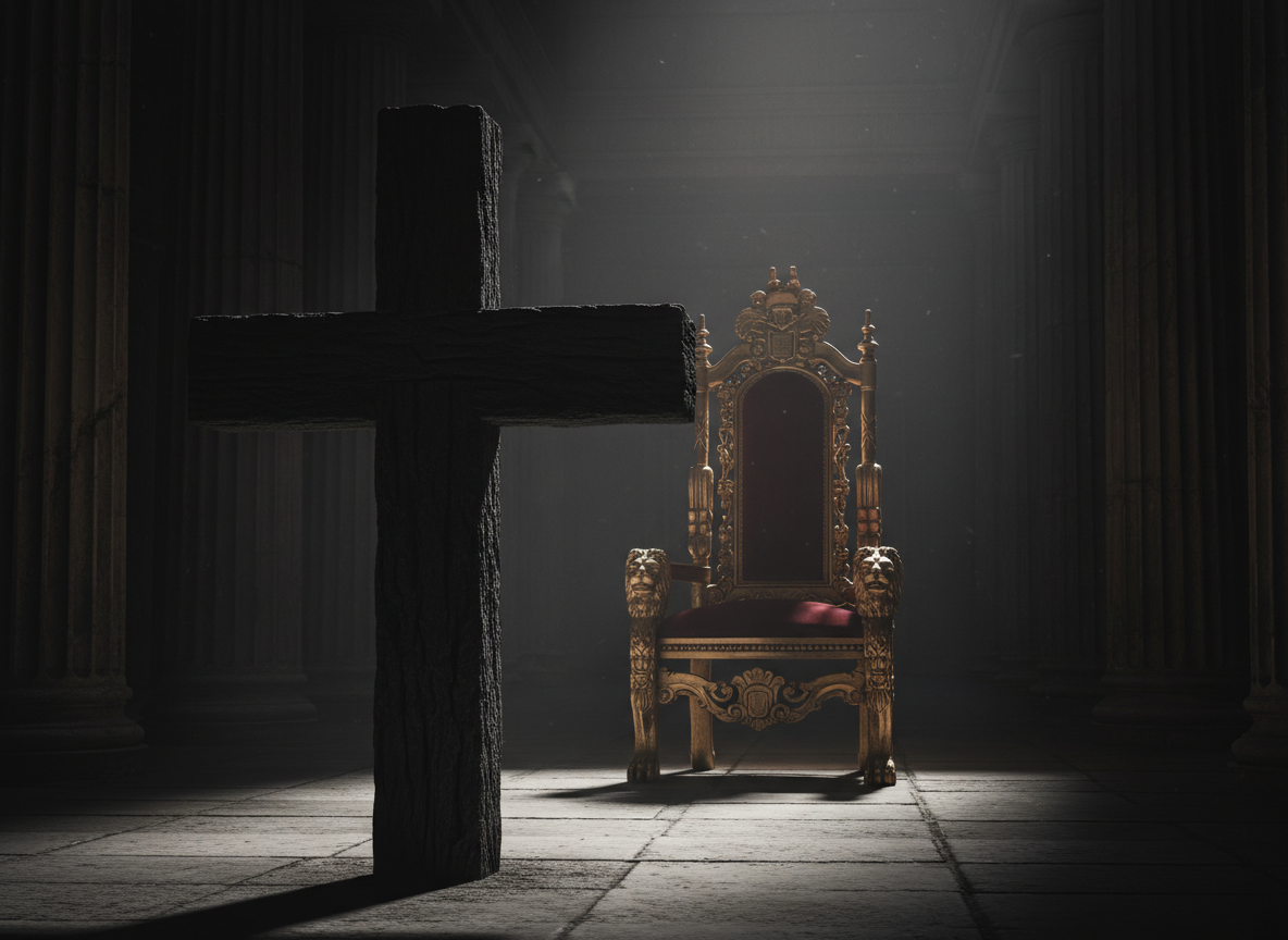 A dramatic theological editorial image: a royal throne standing behind the dark silhouette of a cross, with the cross visually dominating the foreground. Symbolic composition about the cross redefining earthly power. Sophisticated, reverent, cinematic lighting, deep shadows, restrained colors, no text, landscape orientation.
