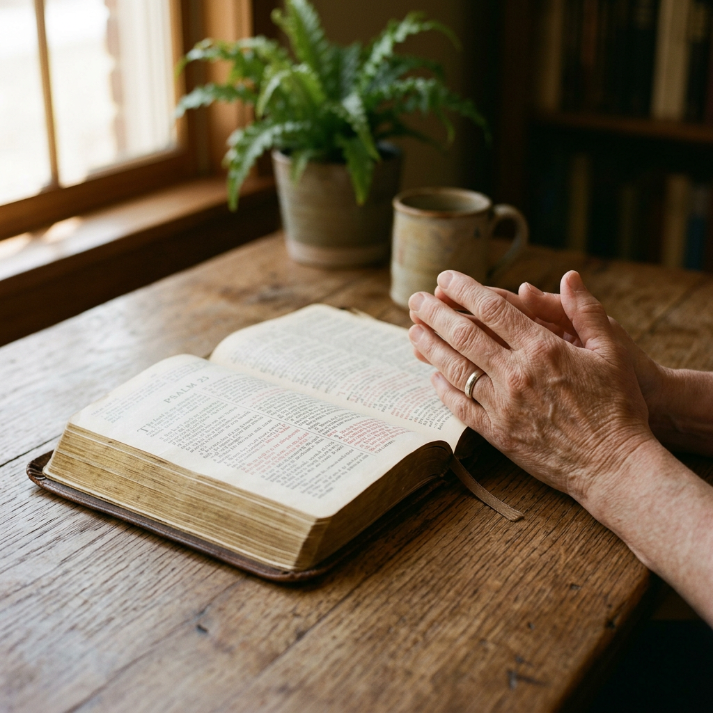 Hands folded beside an open Bible in warm morning light