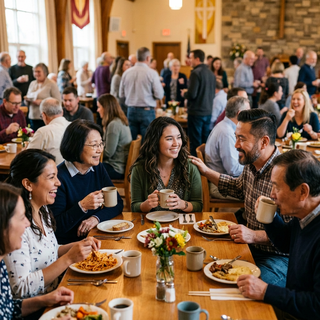 Church members sharing coffee and conversation with a visitor.