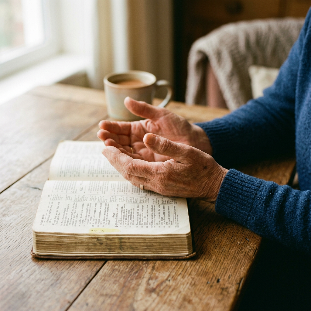 Open hands in prayer beside a Bible, illustrating what it means to be poor in spirit.