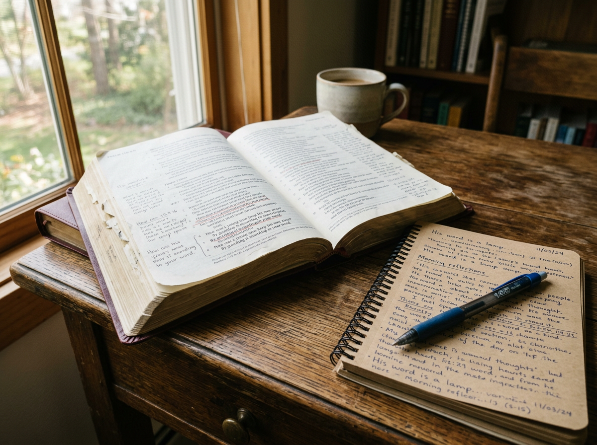 Open Bible and study notebook illustrating why Christians must study Scripture for themselves.