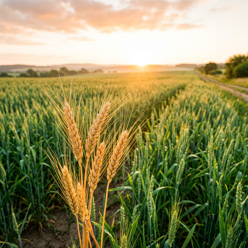 Ripe heads of wheat at sunrise, illustrating the Holy Spirit as a pledge and foretaste of God’s future.